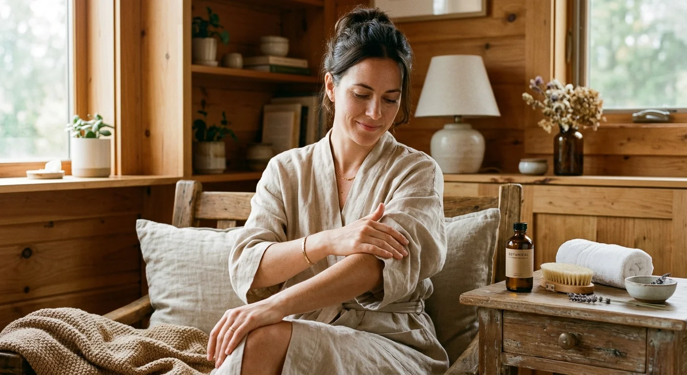 一位女性在木質感居家環境中、以雙手沿著手臂內側輕柔向上推撫做淋巴按摩，桌上放著一瓶植物基底按摩精油與一支按摩體刷，整體色調溫暖放鬆