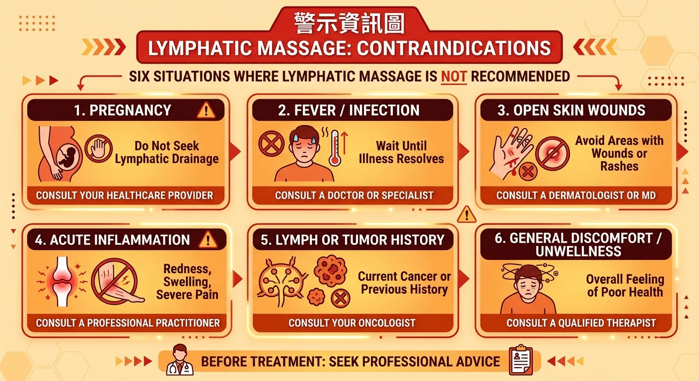 禁忌一覽資訊圖,以紅黃色警示色系列出淋巴按摩六大不宜情況:孕婦、發燒、皮膚傷口、急性發炎、淋巴/腫瘤病史、身體不適,每項配簡單圖示與「先諮詢專業」提醒