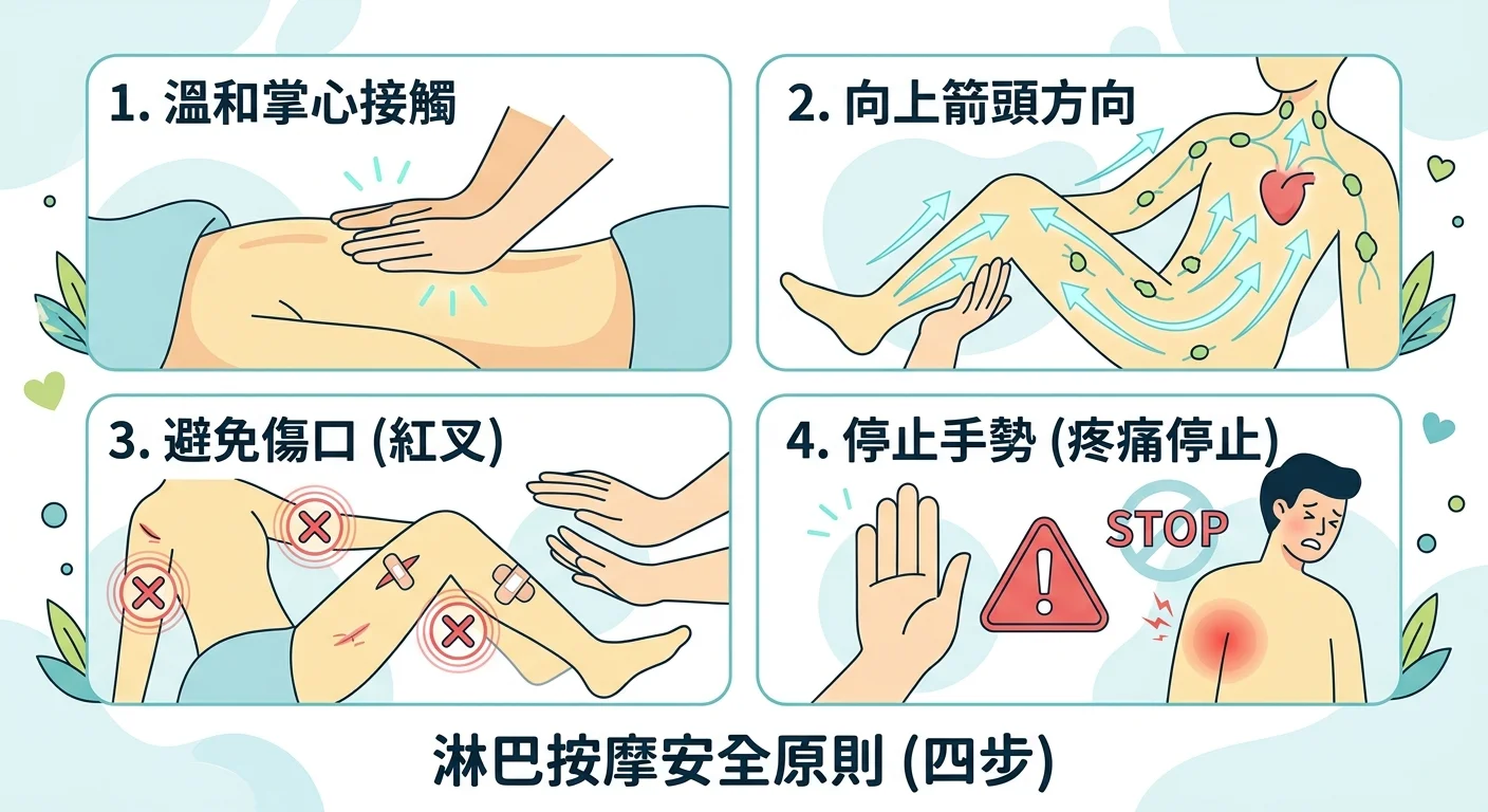 四格步驟圖示,依序呈現安全淋巴按摩四原則:輕柔貼膚(手掌圖示)、方向往上(向上箭頭)、避開傷口(叉號圖示)、不適即停(停止手勢),配色溫和清爽