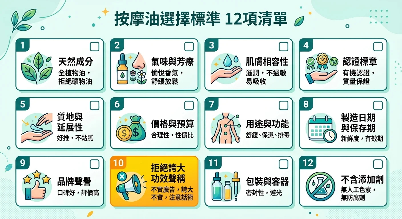 選購 checklist 視覺化,以清單卡片形式呈現 12 項勾選要點,重點標示「拒絕誇大療效宣稱」一項,配色清新可勾選感