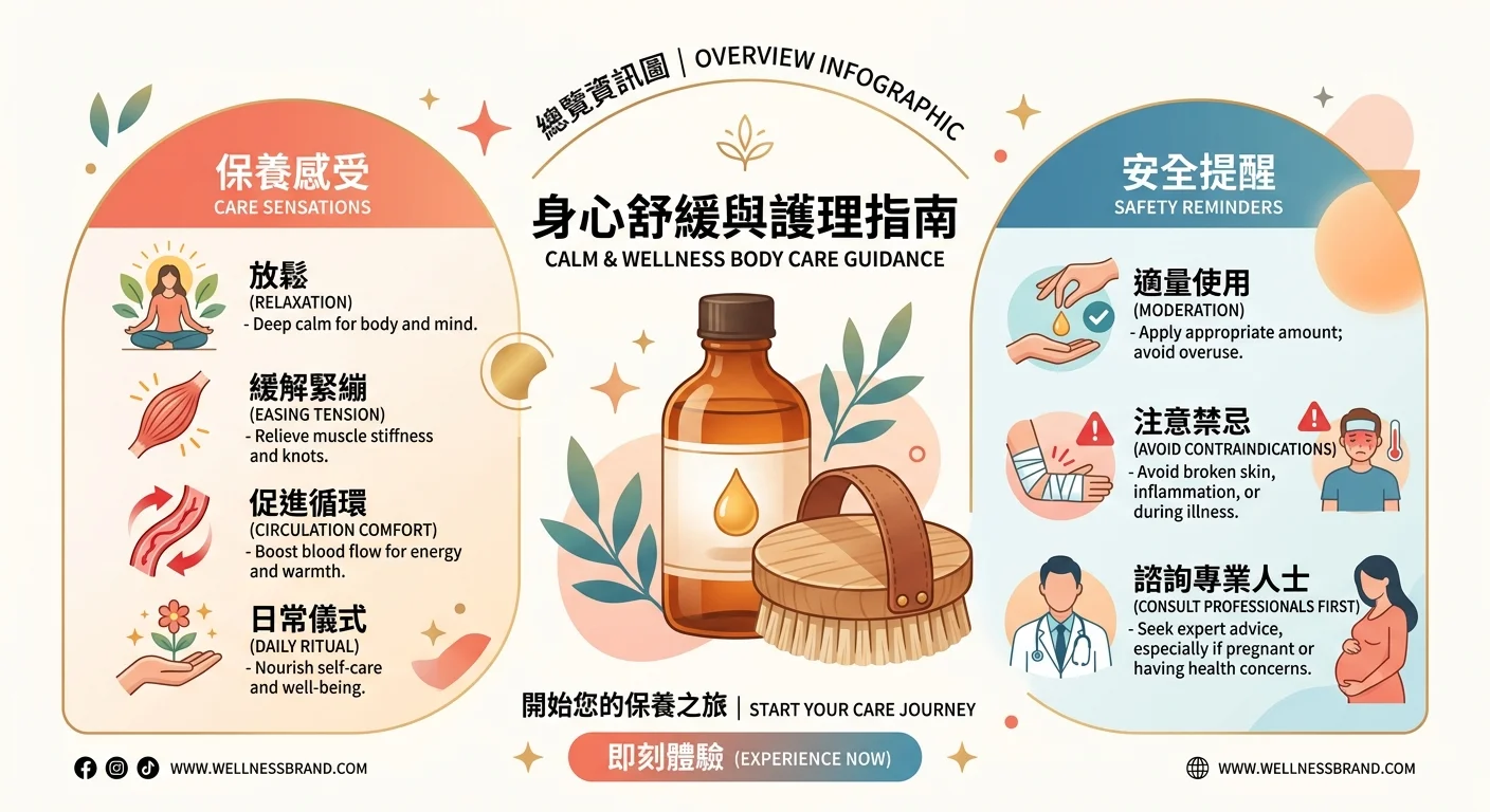 按摩好處正確觀念總覽圖,保養感受(放鬆/舒緩/循環感受/儀式感)與安全提醒(適度/避開禁忌/先諮詢專業)兩大區塊環繞中心的按摩油瓶與體刷,結尾行動呼籲氛圍,溫暖品牌色