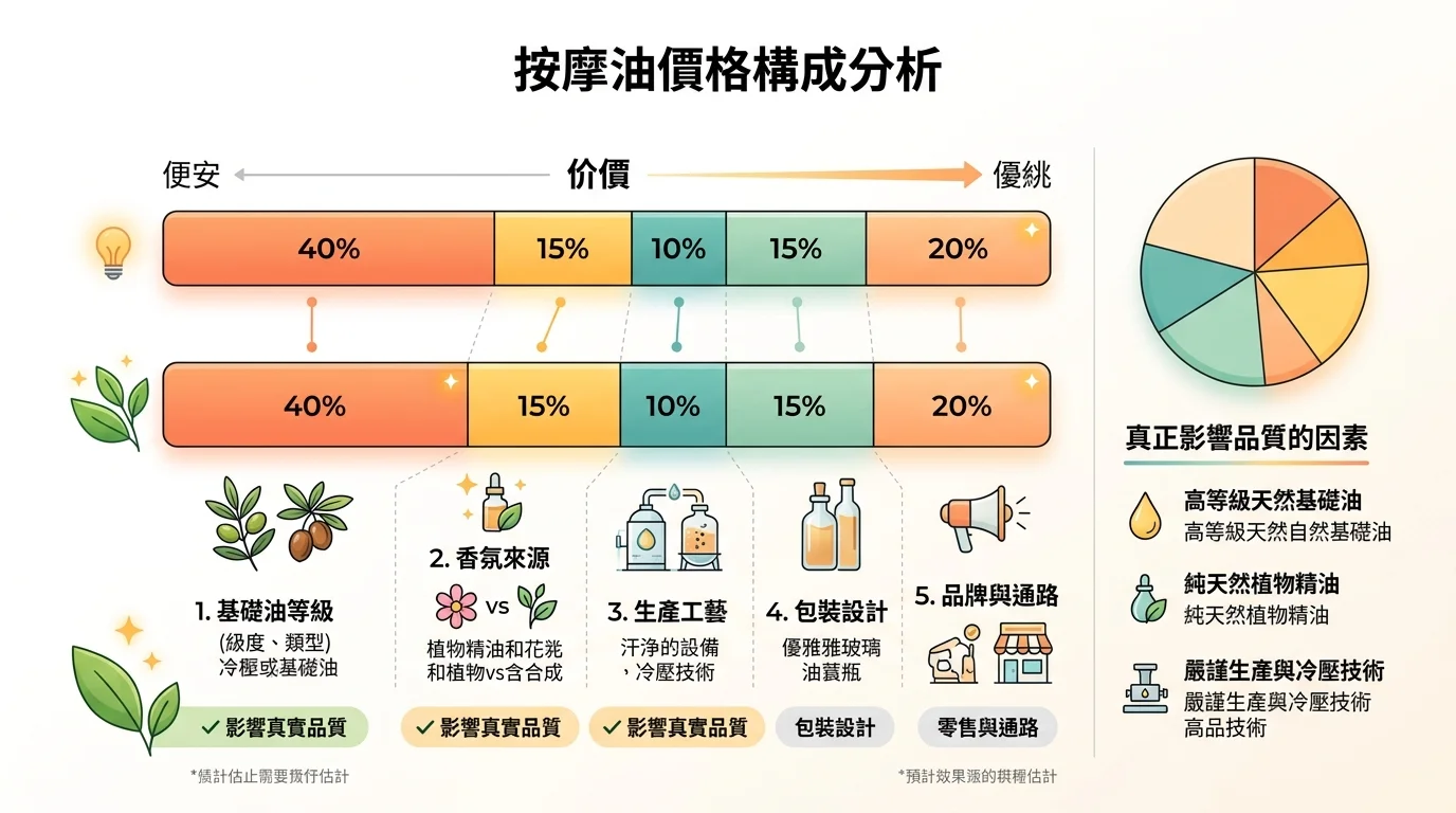 價差來源拆解圖,五個區塊(基底油/香氣/製程/包裝/品牌通路)以圓餅或堆疊條呈現,標示哪些影響實質品質,簡約資訊圖