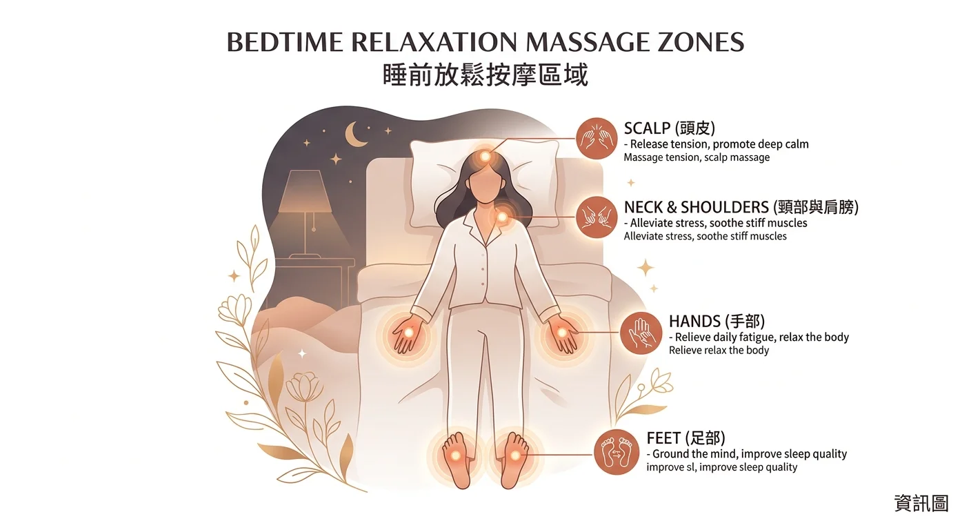睡前放鬆按摩穴位示意圖,人體頭部、肩頸、手部、足部四個區域標示放鬆按摩點,柔和暖色調、低光氛圍,簡約資訊圖風格