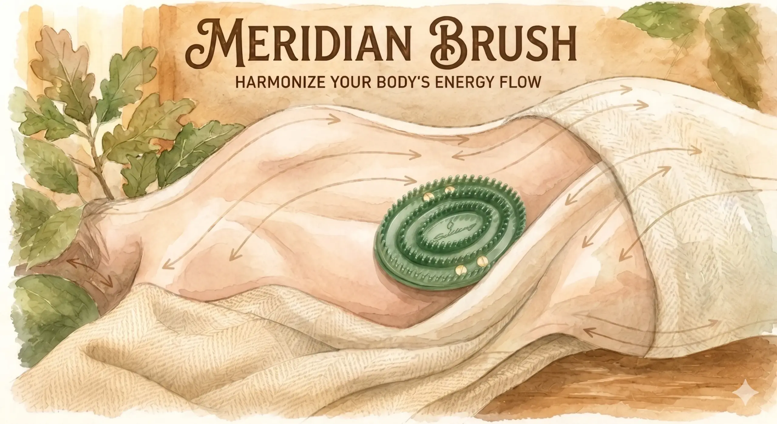 Meridian Body Brush 經絡按摩刷示意圖,搭配身體按摩方向與能量流動路徑,適合日常身體保養與放鬆按摩。