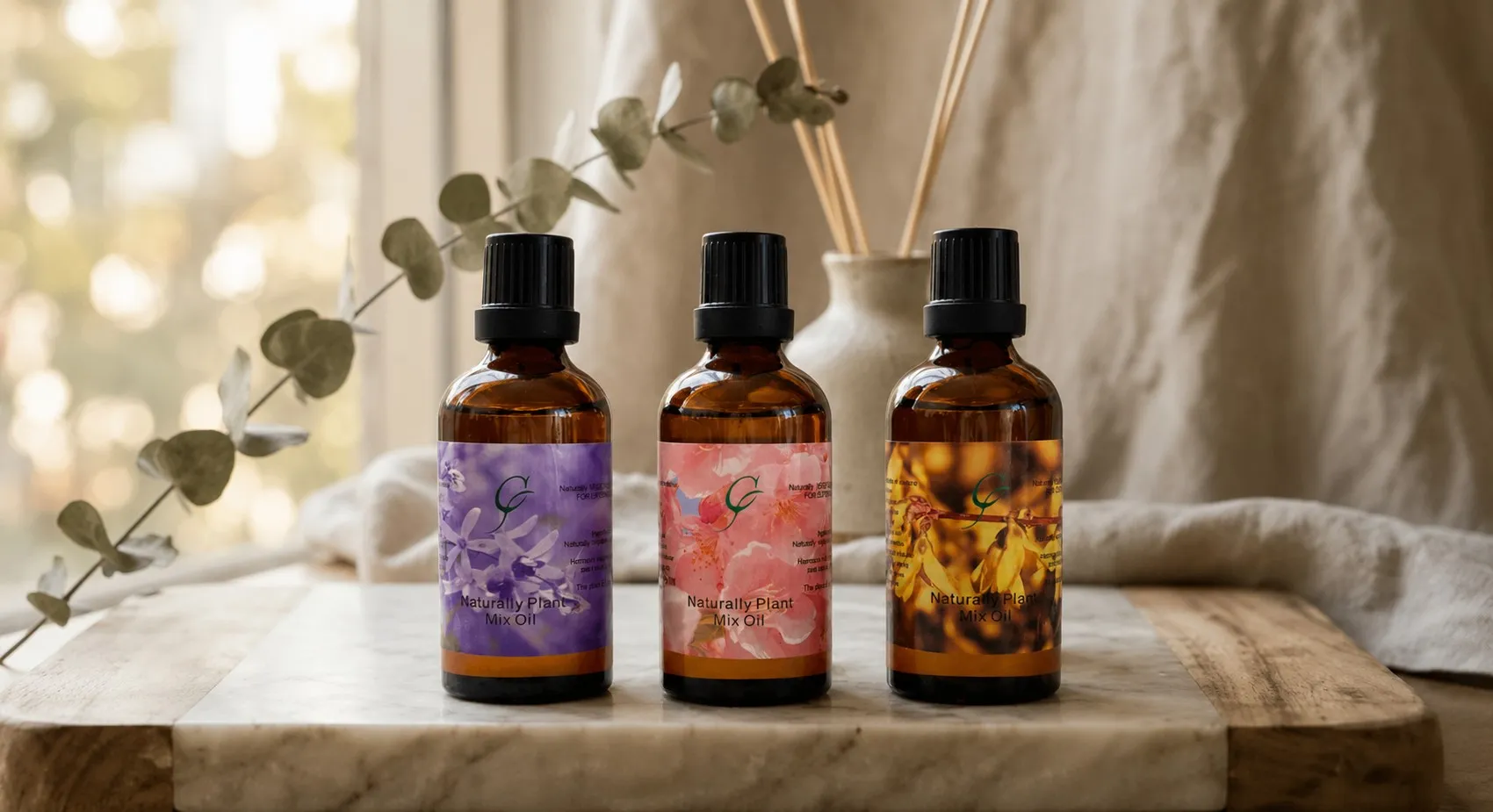 YenScent 妍芳禾本天然植萃複方按摩精油系列展示，三款精油瓶置於大理石托盤上，搭配擴香瓶、尤加利葉與柔和自然光，呈現居家芳療、按摩保養與放鬆舒壓的優雅情境。