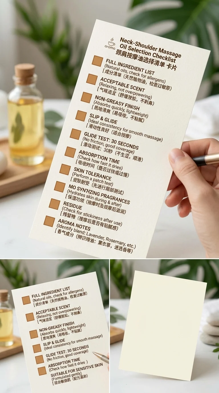 肩頸按摩油挑選 checklist 卡片,垂直排列十二個可勾選方框,每項旁有簡短文字如「全成分標示完整」「延展性試推 30 秒」「香氣可接受」「按完不黏膩」,卡片為米白底配暖棕勾選框,右上角小標題「肩頸油挑選清單」