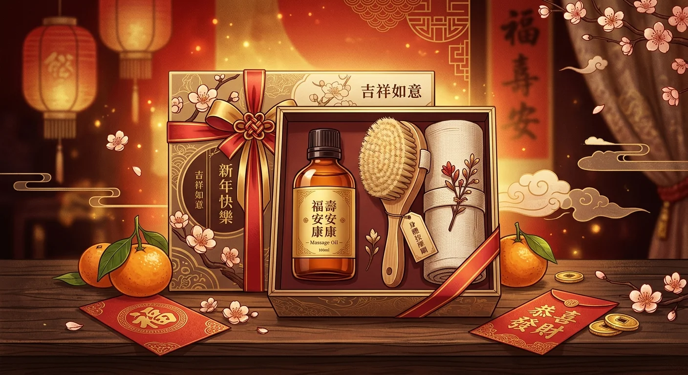 過年養生送禮主視覺，畫面中央為一個質感美體禮盒（內含按摩油瓶、體刷、緞帶包裝），背景是溫暖的紅金色年節氛圍，桌面點綴橘子與紅包，整體高端優雅，配色暖紅與金棕