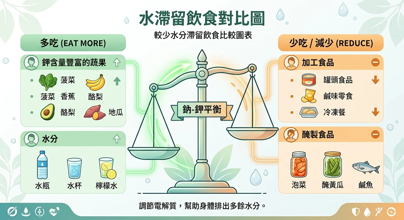 消水腫飲食對照圖，左欄「建議多吃」列出富鉀蔬果與白開水圖示，右欄「建議減少」列出加工食品與醃漬物圖示，中央以天秤圖示連接，標示「鈉鉀平衡」，配色淡綠與暖橙