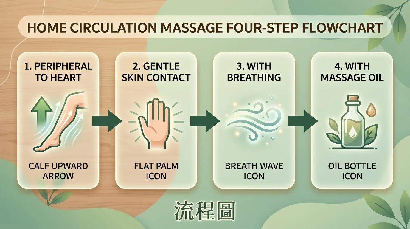 居家循環按摩四步驟流程圖，水平排列：1.末梢往心臟（小腿箭頭向上圖示）→ 2.輕柔貼膚（手掌平貼圖示）→ 3.配合呼吸（呼吸波形圖示）→ 4.搭配按摩油（油瓶圖示），步驟間箭頭連接，配色暖木色與淡綠