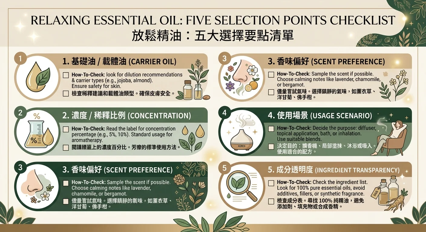 放鬆精油挑選 5 重點檢查清單資訊圖，五個圖示分別標示基底油、濃度、香氣偏好、使用情境、成分透明度，每項配一句「怎麼看」說明，配色清爽大地色與墨綠，風格清楚檢查清單