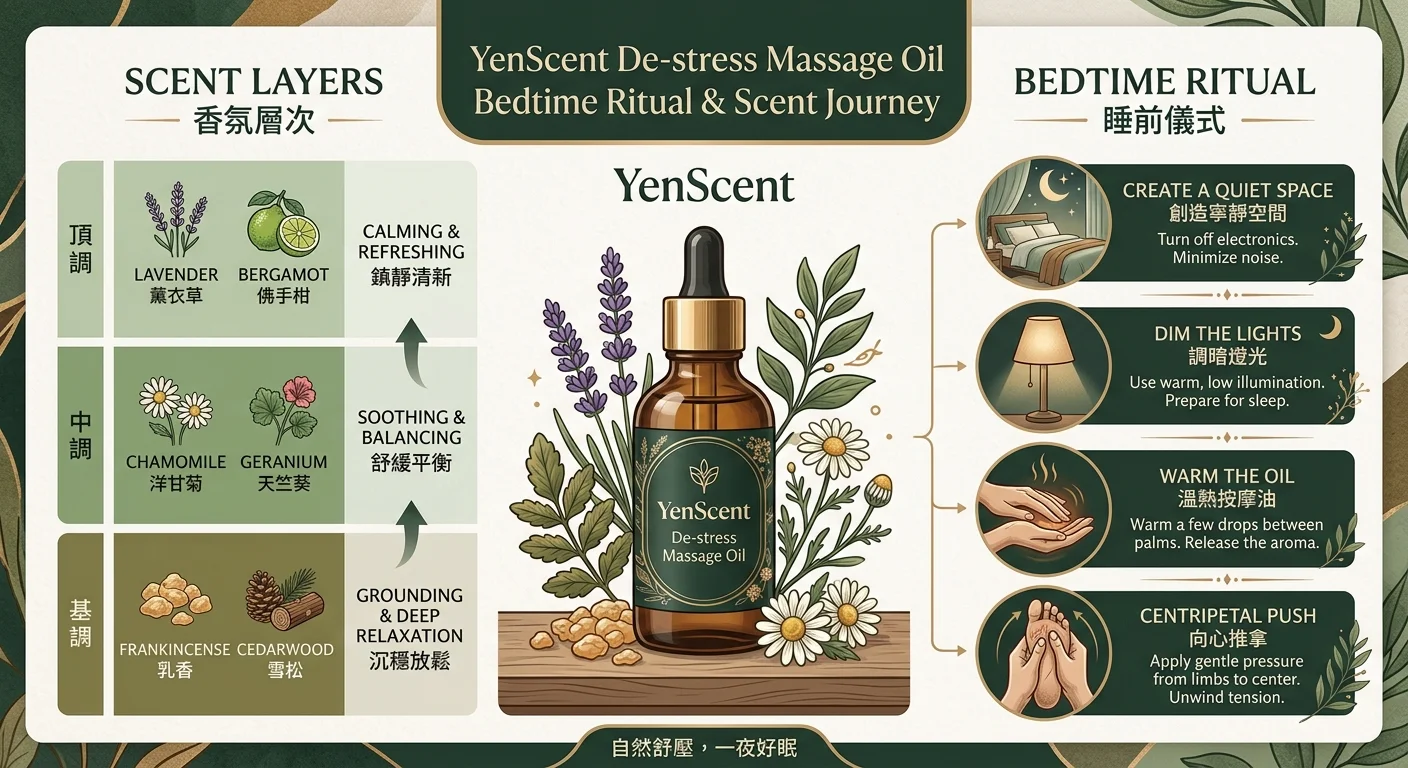 YenScent 舒壓放鬆按摩精油香氣層次與睡前使用節奏圖，左側為香氣前中後段層次條，右側為睡前四步驟（靜空間、調暗燈、溫油、向心推）流程，中央一瓶產品，配色品牌大地與墨綠色，風格優雅一致
