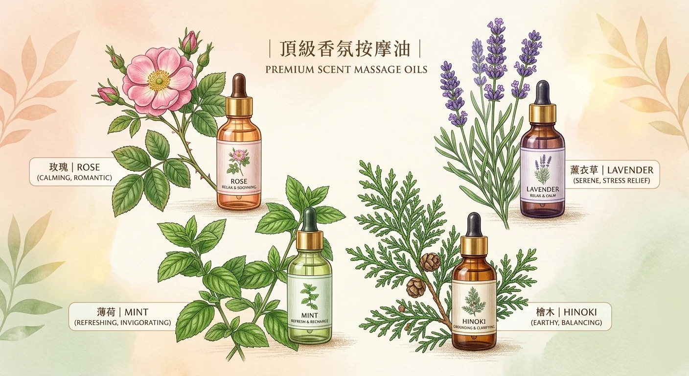 香氣按摩油挑選主視覺，畫面中央排列玫瑰、薰衣草、薄荷、檜木四種植物與對應小油瓶，背景柔和漸層，每種植物旁標示香氣關鍵字，配色溫潤花草色調，風格優雅質感