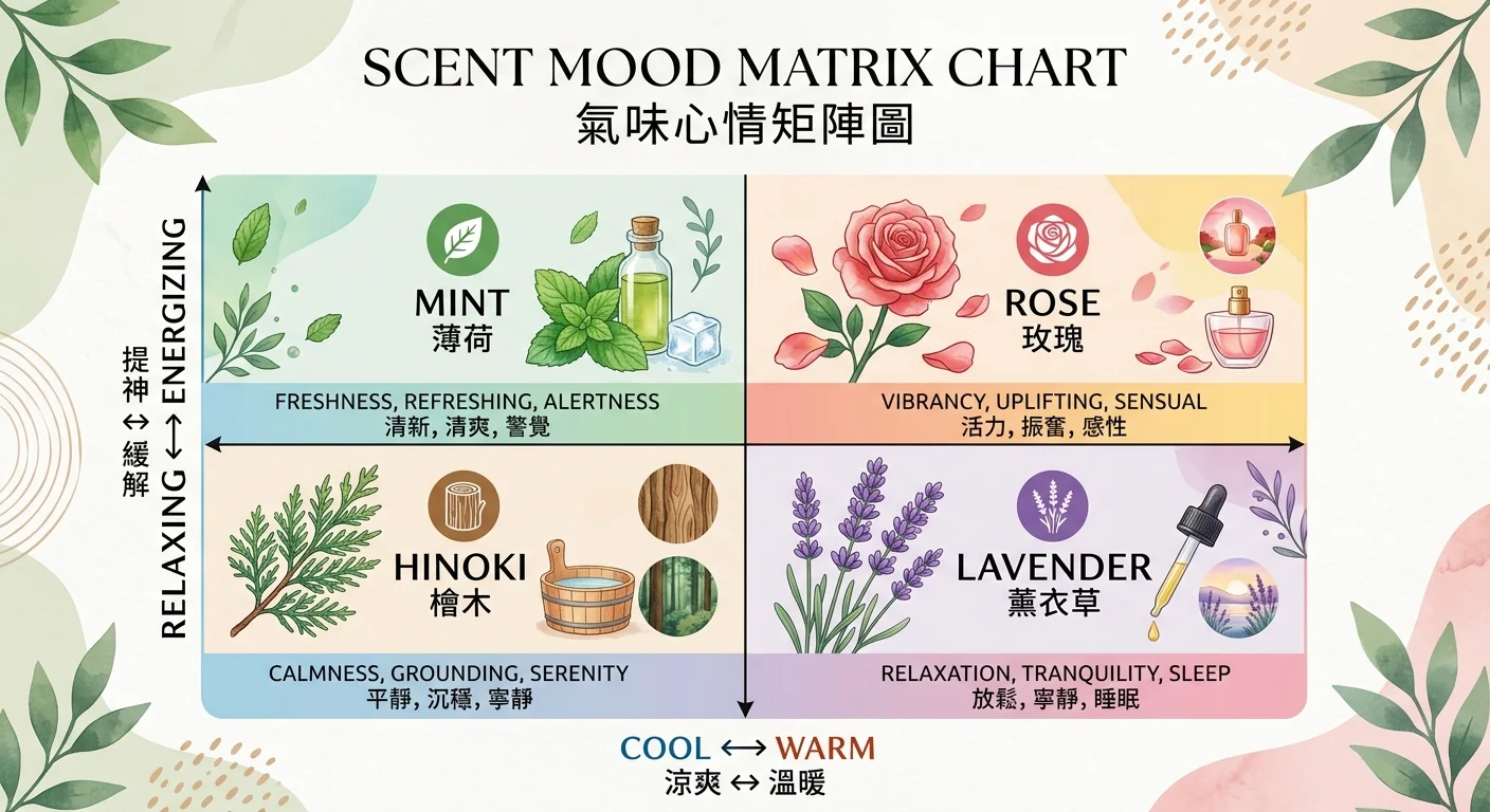 香氣情緒對照矩陣圖,X軸為「清涼←→溫暖」,Y軸為「提神←→放鬆」,四象限分別放薄荷、薰衣草、檜木、玫瑰,每個配香氣圖示與情境標籤,配色柔和花草色,風格清爽