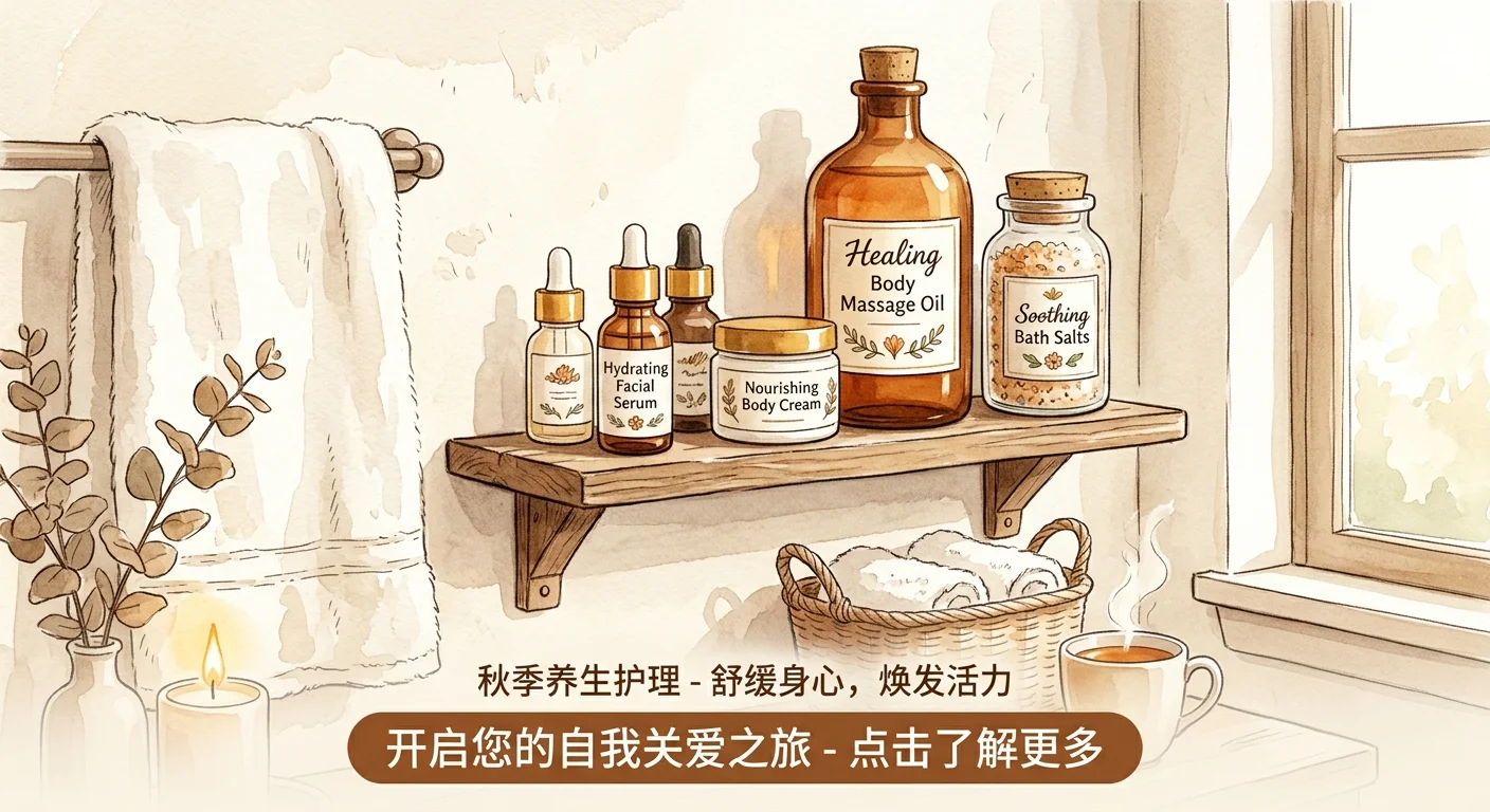 換季保養 CTA 配圖，畫面為浴室層架上擺放身體按摩油與保養品，旁有柔和燈光與毛巾，傳達居家保養儀式的療癒氛圍，配色柔和米白與暖棕