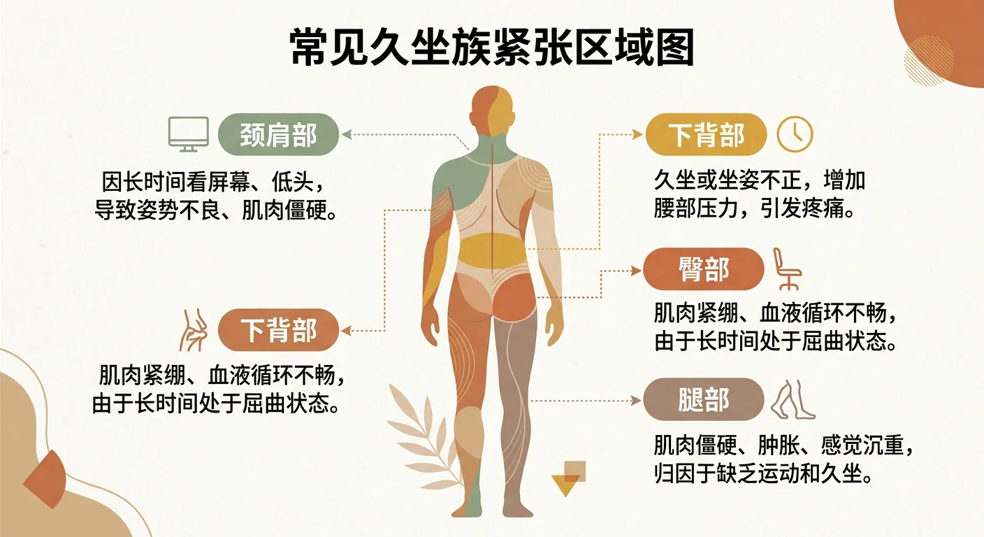 久坐常見緊繃部位人體示意圖，以簡約人形標出腰、髖、腿、肩頸四個區域，配對應標籤與成因說明，溫暖大地色，無真人肖像
