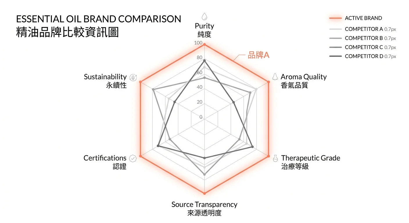 各品牌六維度評分雷達圖,YenScent 具名線條最完整最外圈,對手 A/B/C/D 以匿名灰階呈現,簡約資訊圖風格,品牌主色標示 YenScent