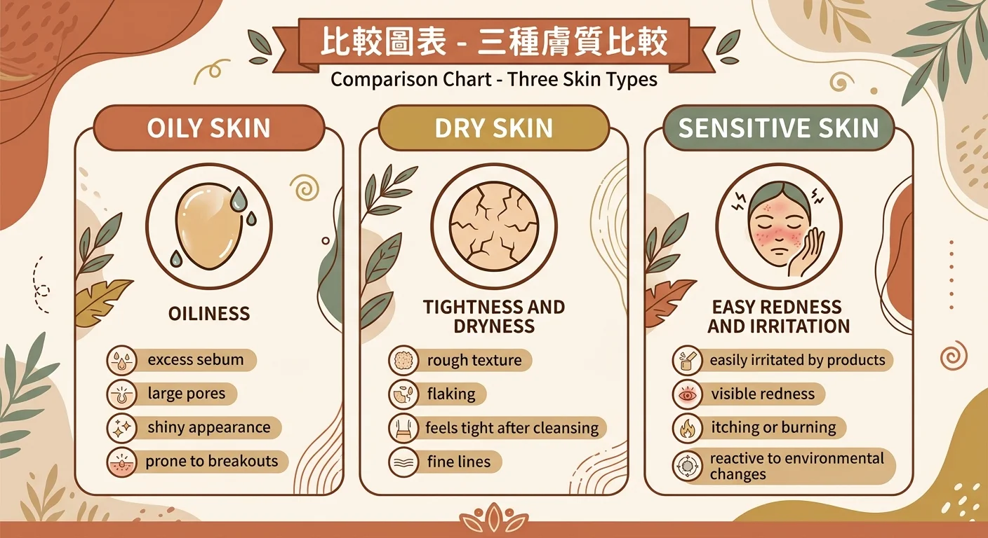 三種膚質特徵對照圖,油性、乾性、敏感肌三欄並列,各配簡潔圖示與特徵標籤(出油、緊繃乾燥、易泛紅刺激),溫暖大地色,無真人