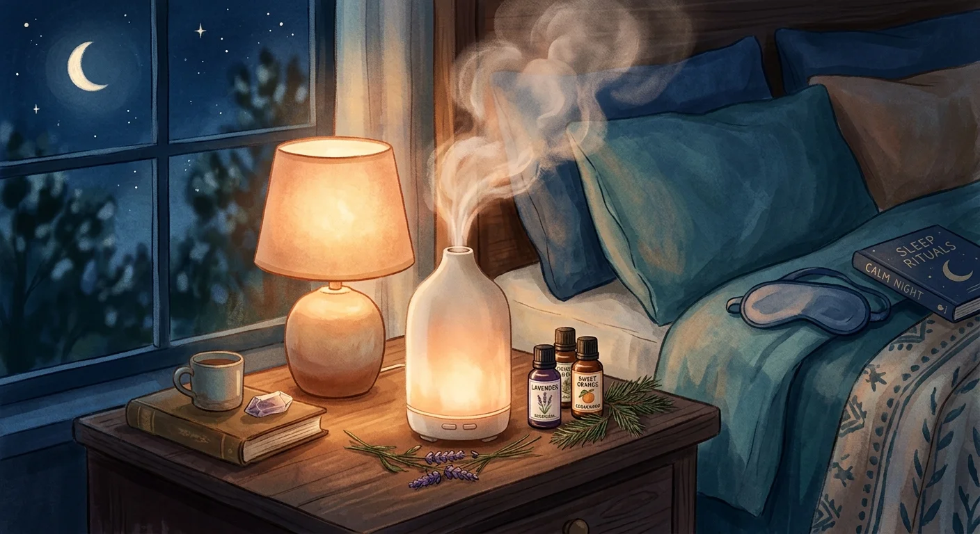 助眠精油睡前儀式主視覺，畫面為夜晚臥室床頭，一台擴香機飄出柔霧，旁邊放薰衣草、甜橙、雪松小油瓶與一盞暖光夜燈，配色深藍夜色與暖橘光，風格安定療癒