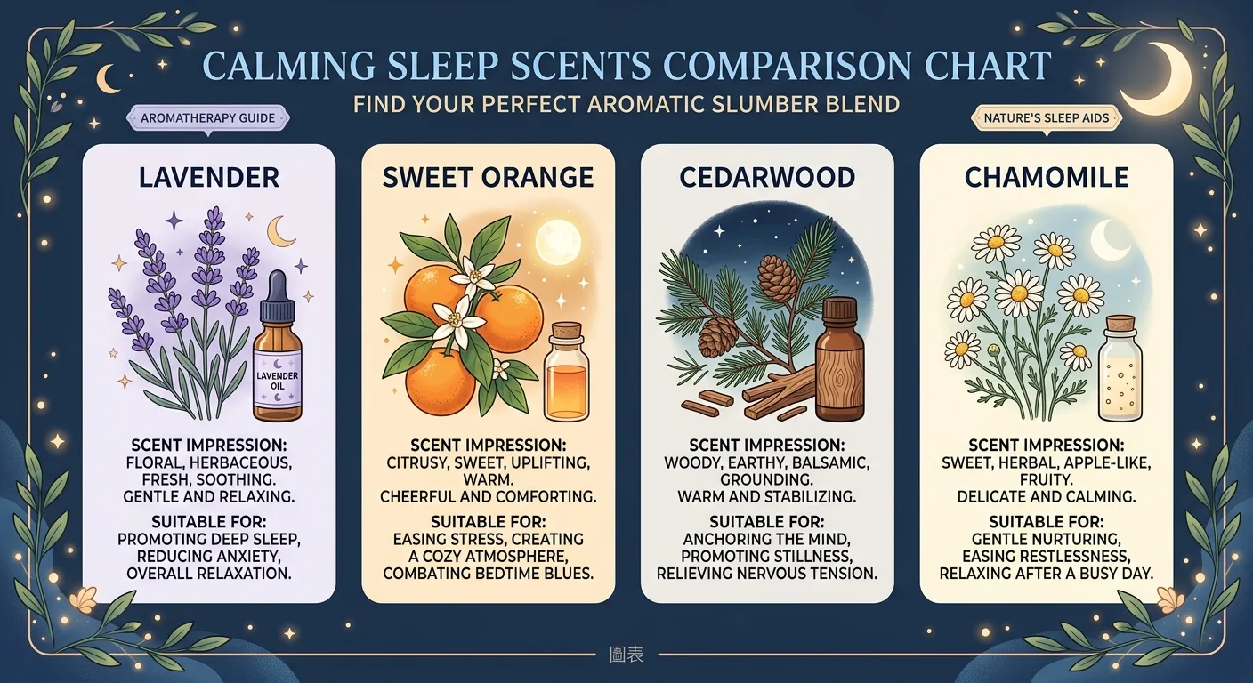 安神舒眠香氣對照圖,四個區塊分別放薰衣草、甜橙、雪松、洋甘菊植物與小油瓶,每個配味道印象與適合對象標籤,配色柔和夜藍與暖花草色,風格安定清爽
