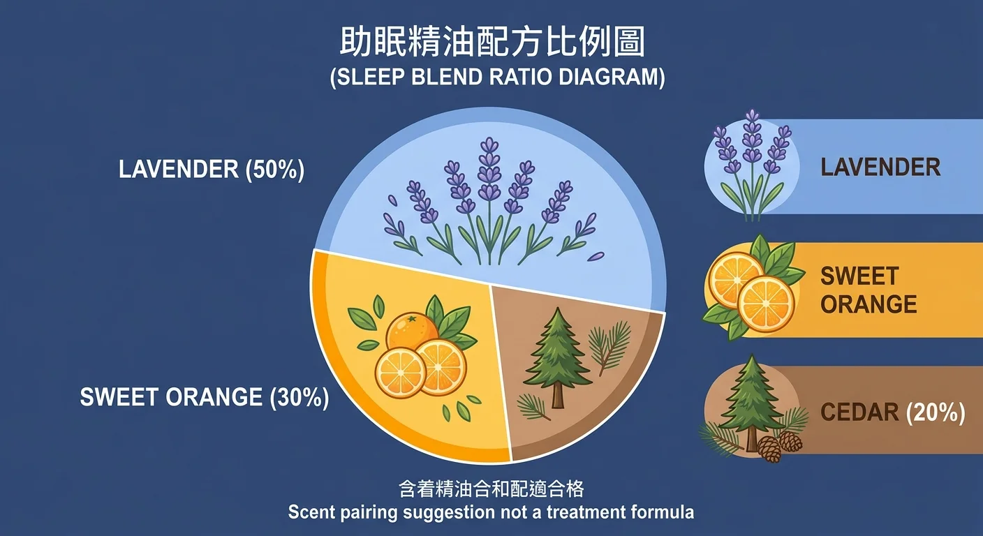 助眠複方比例示意圖,圓形比例圖分三塊標示薰衣草約50%、甜橙約30%、雪松約20%,旁邊三種植物小圖示,下方標註「香氣搭配建議、非療效配方」,配色柔和夜藍與大地色,風格清楚