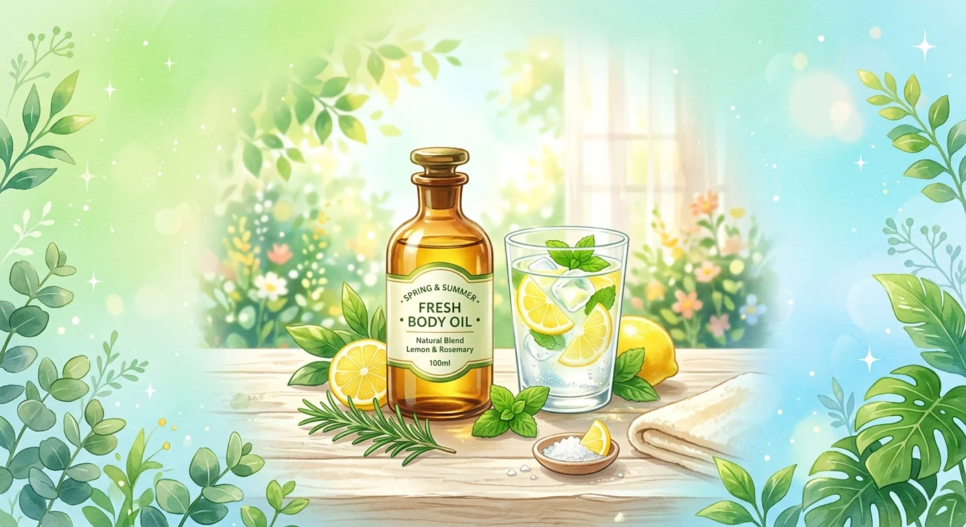 春夏身體調理主視覺，畫面以清新的春綠與夏藍漸層為背景，中央為一瓶按摩精油與一杯檸檬水，桌面點綴綠葉，傳達輕盈清爽的身體保養概念，整體明亮療癒，配色春綠與夏藍