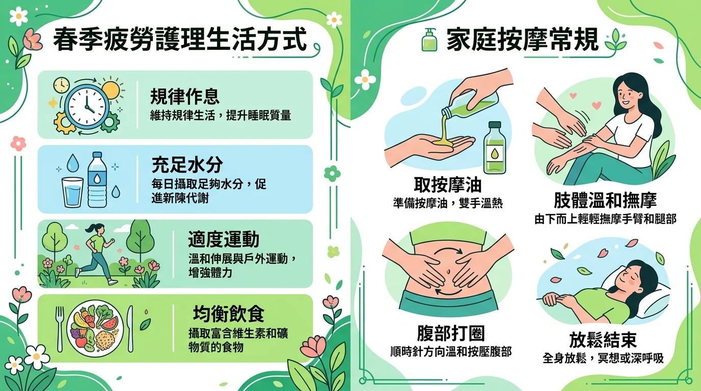 春季疲倦調理與按摩節奏資訊圖,左半列出春季調理生活四要點(規律作息、充足飲水、適度活動、均衡飲食圖示),右半呈現居家按摩節奏(取按摩精油、四肢順向輕推、腹部畫圈、放鬆收尾),配色清新春綠