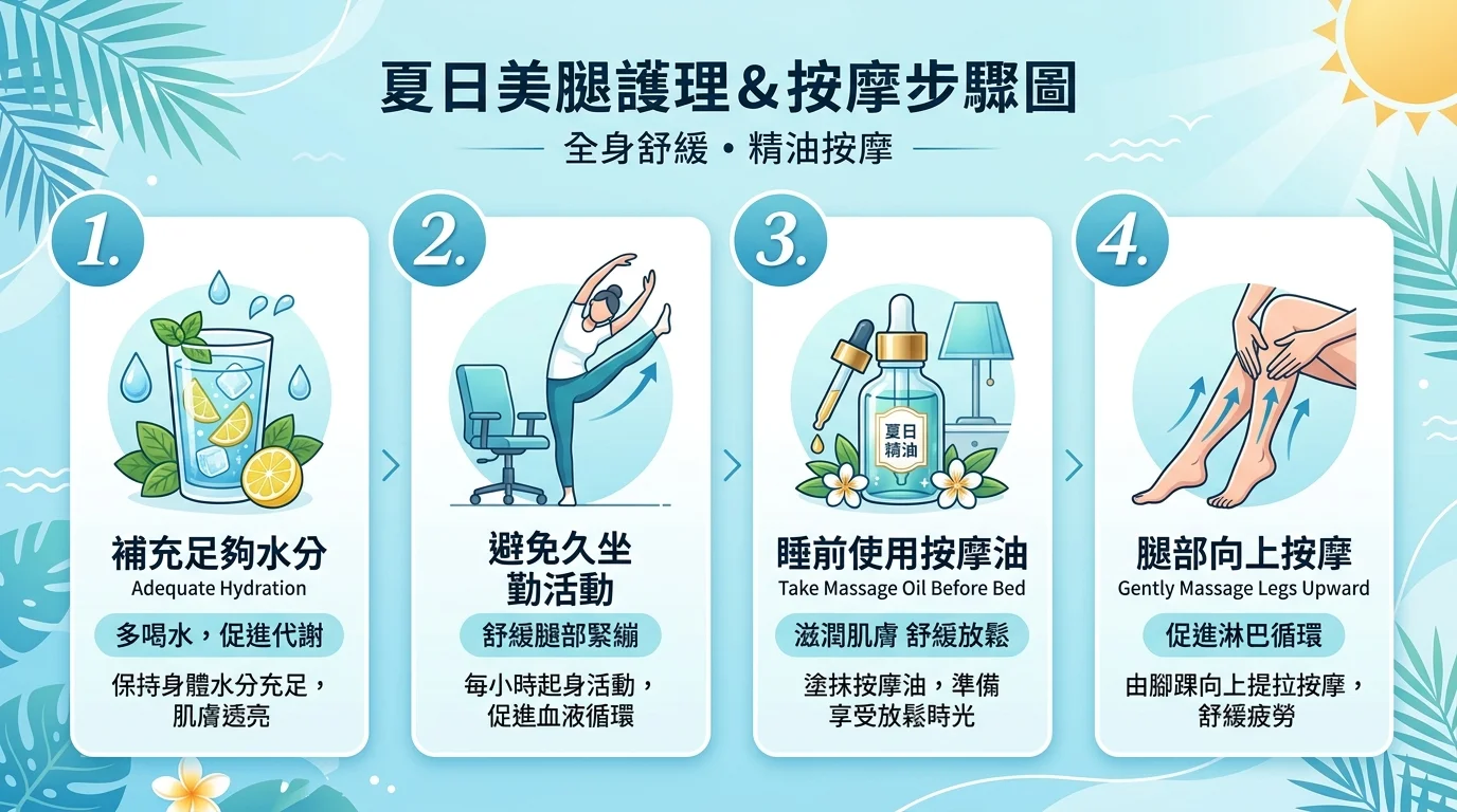 夏季消水腫身體保養與按摩搭配步驟圖,四步驟由左至右:1.充足飲水(水杯圖示)2.避免久坐起身活動(伸展圖示)3.睡前取按摩精油(油瓶圖示)4.腿部由下往上輕柔按摩(小腿手部圖示),配色清涼夏藍與白