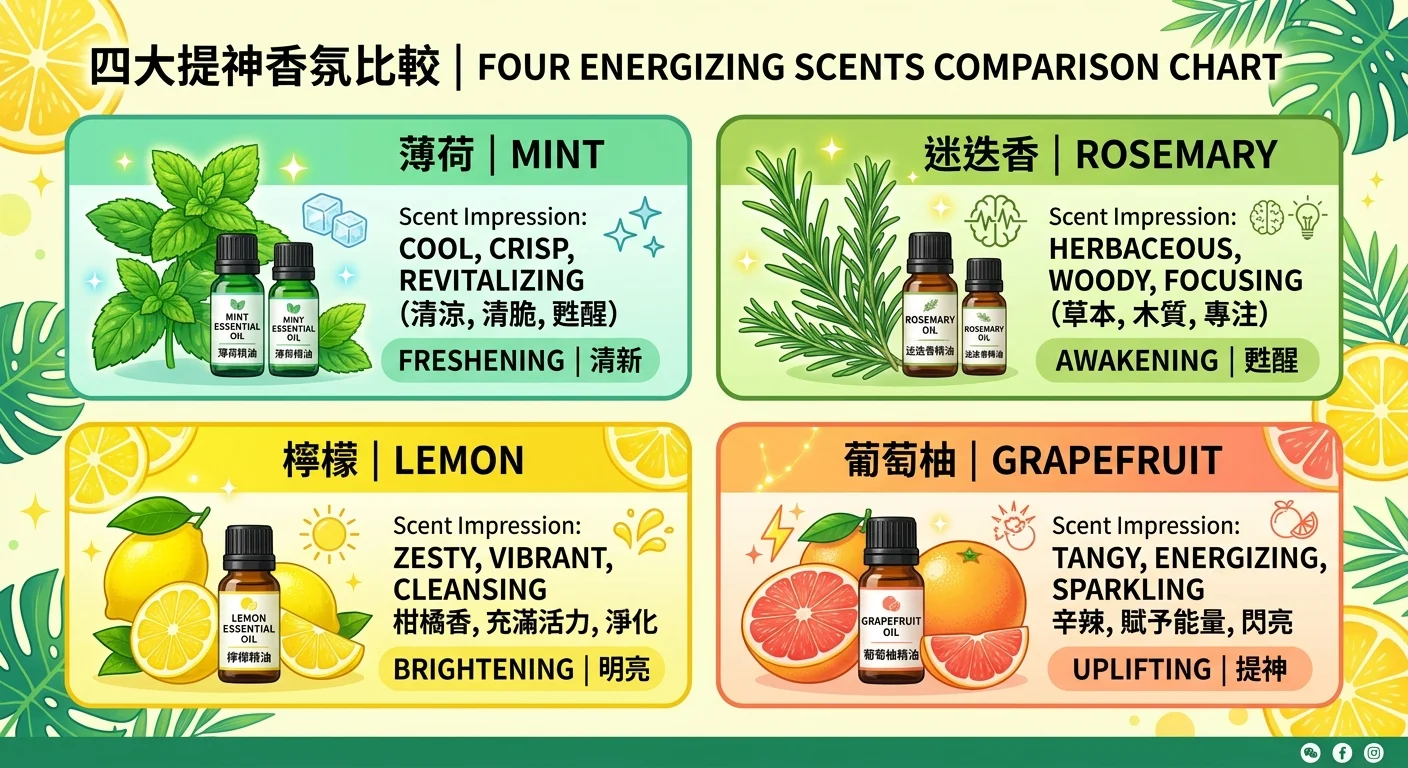 四種振奮香氣對照圖，四個區塊放薄荷、迷迭香、檸檬、葡萄柚植物與小油瓶，每個配中英文名與氣息印象標籤，配色明亮柑橘黃與清新綠，風格清爽