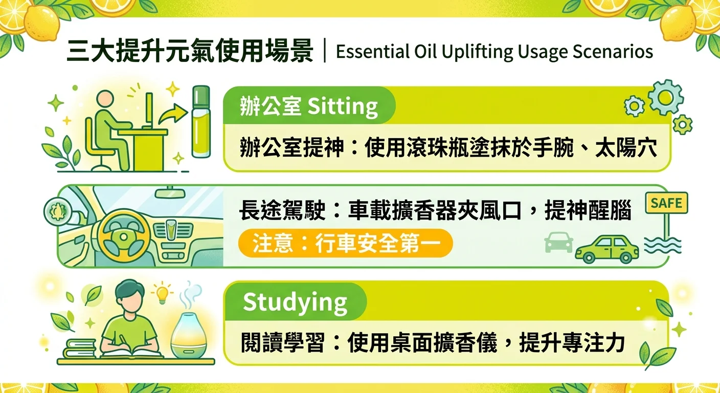 三情境提神用法圖，三個區塊分別為上班久坐（辦公桌滾珠）、開車長途（通風口香氛片附安全提醒）、讀書專注（桌面擴香），每個配簡單圖示與一句用法，配色明亮柑橘黃與清新綠，風格清楚