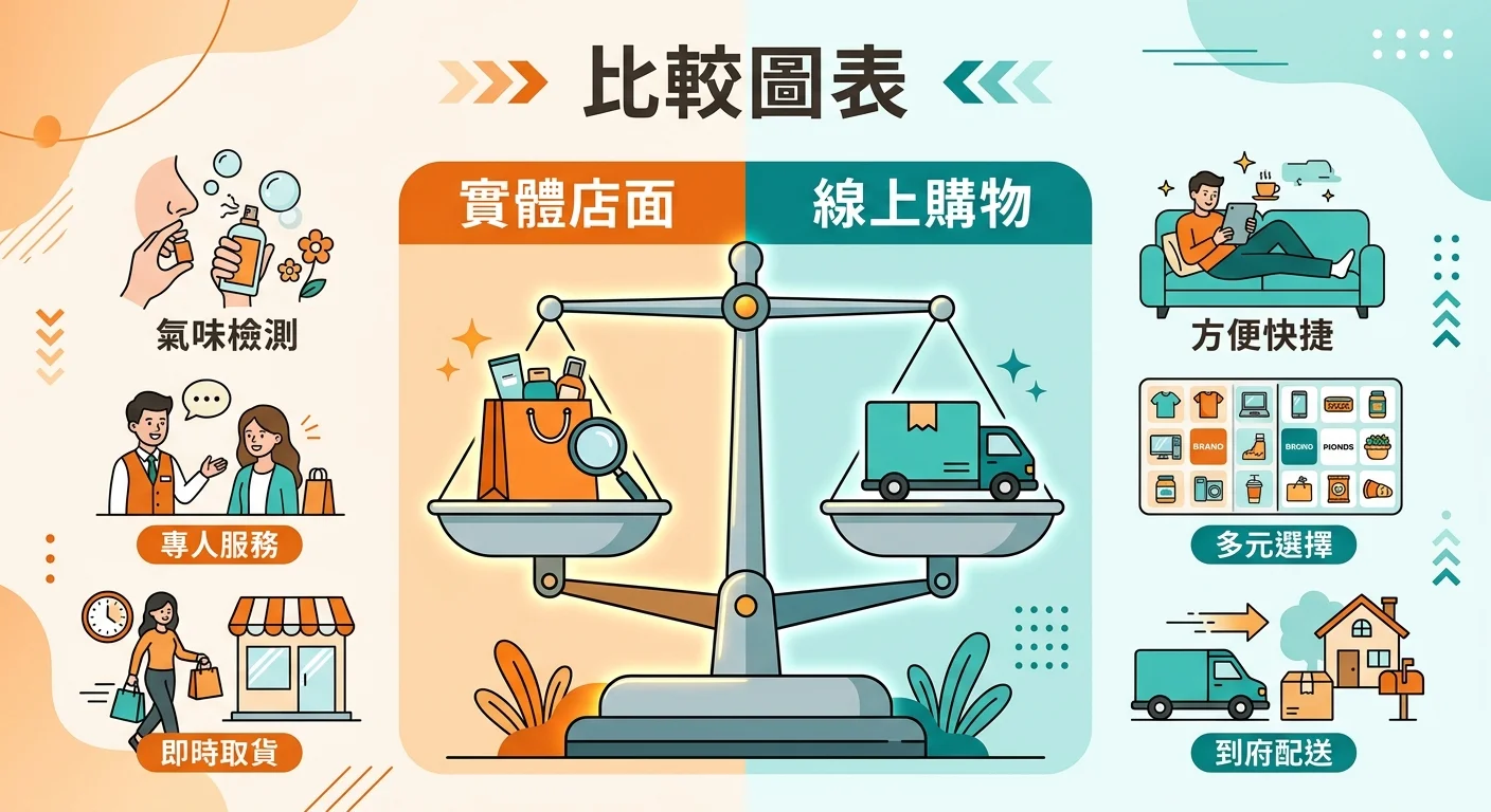 實體店面 vs 線上宅配比較圖，左側實體店面（試聞、專人、即拿）三個圖示，右側線上宅配（方便、選擇多、送到家）三個圖示，中央一個天秤，配色暖橘與藍綠對比，風格清楚