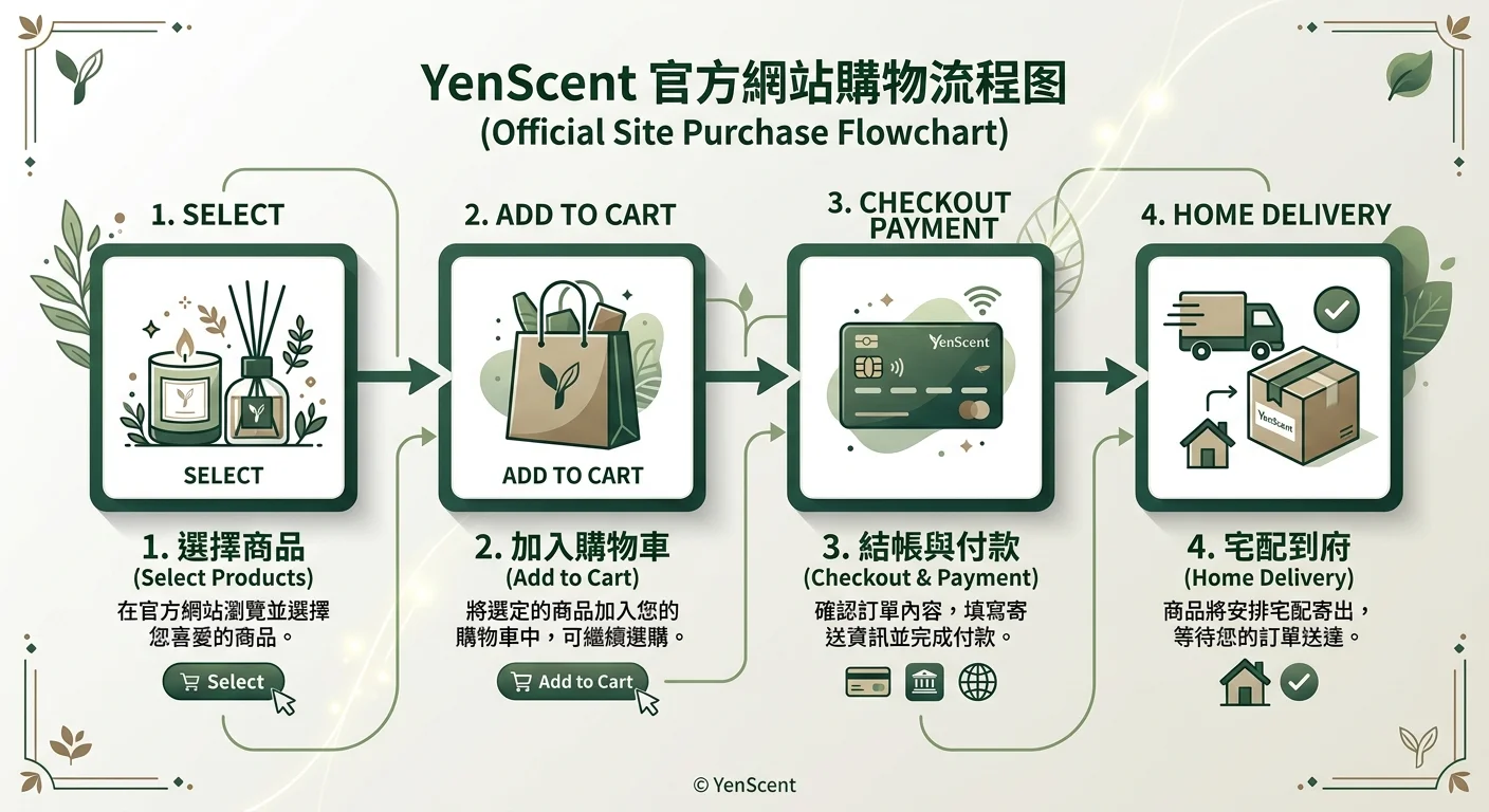 YenScent 官網購買流程圖，四步驟由左至右：1.選購（商品圖示）2.加入購物車（購物袋圖示）3.結帳付款（信用卡圖示）4.宅配到府（包裹圖示），每步驟配簡短說明，配色品牌大地與墨綠色系，風格簡潔