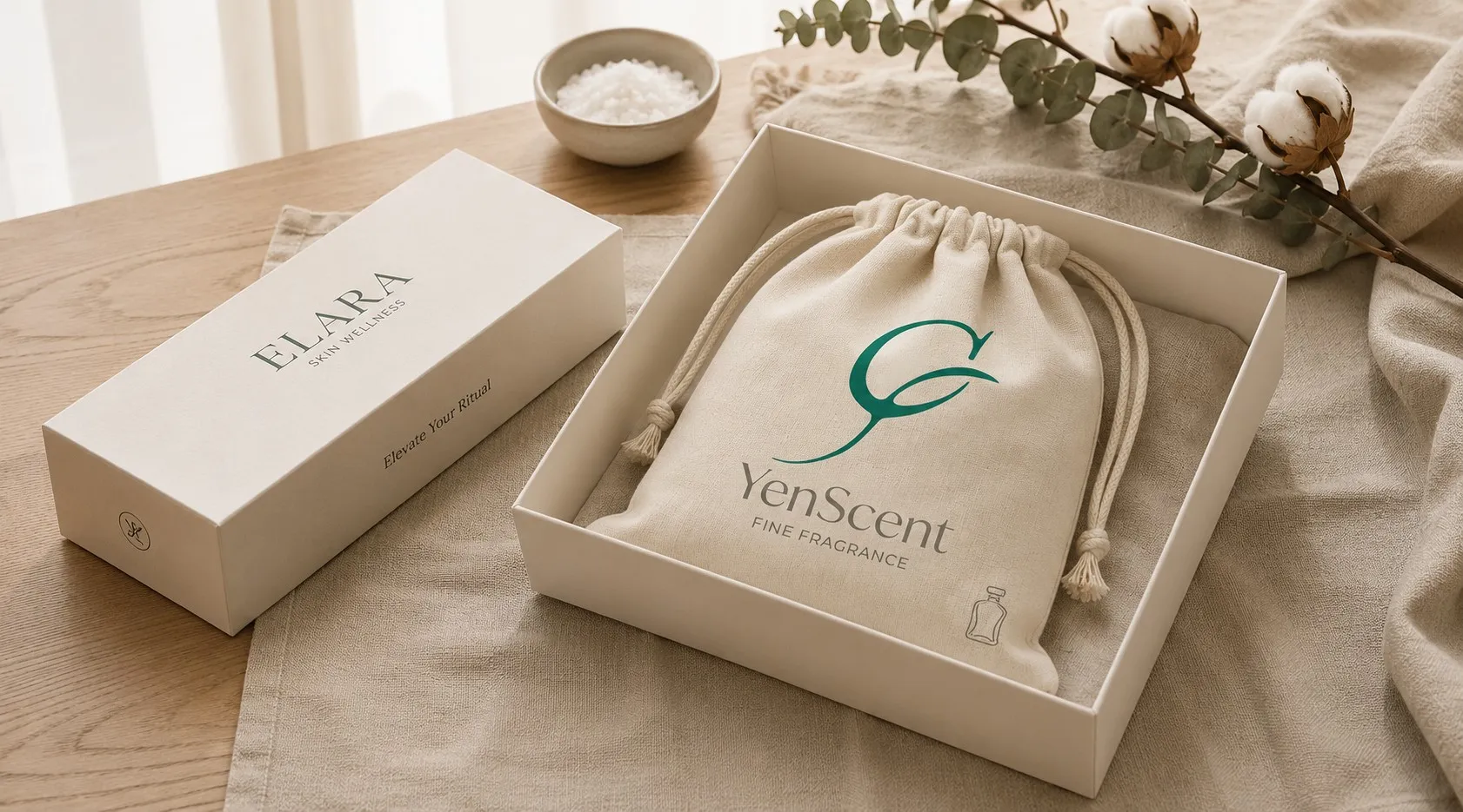 YenScent 妍芳禾本精油禮盒包裝，附品牌束口收納袋，高質感送禮設計，適合芳療精油與居家香氛保養使用。