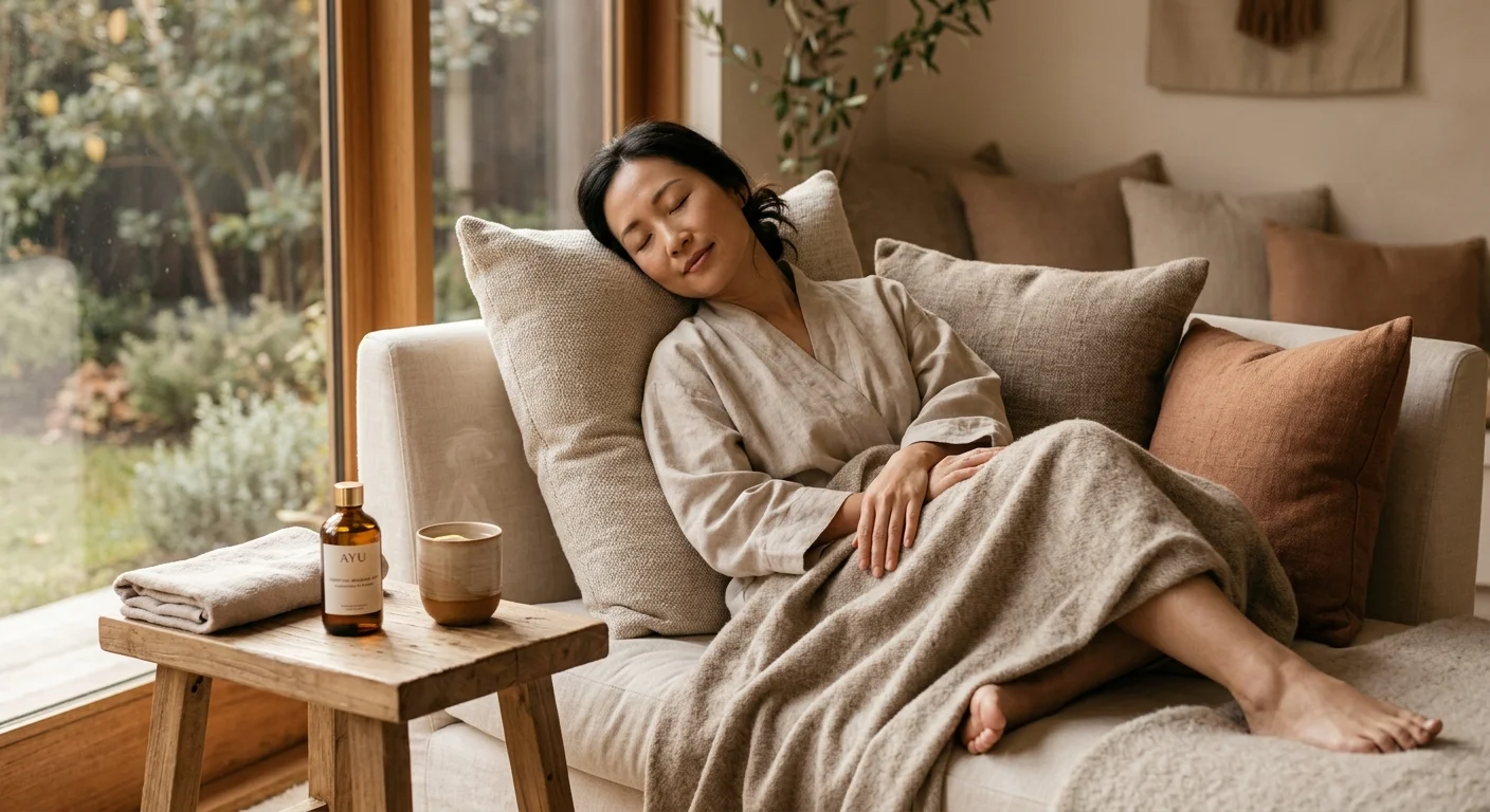 高端優雅風格的按摩後放鬆情境，一個人靠在柔軟抱枕上閉眼休息，旁邊放著按摩油瓶與溫水杯，柔和暖光，溫暖大地色調