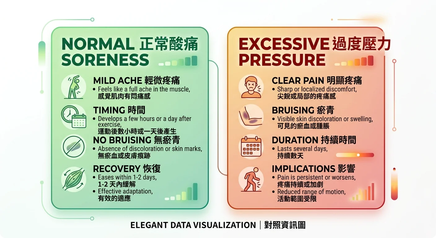 正常痠脹 vs 力道過大對照圖,左側「正常痠脹」綠色區塊(微痠、無瘀青、1-2天緩解)、右側「力道過大」橘紅色區塊(明顯疼痛、瘀青、持續多天),簡約對照資訊圖風格