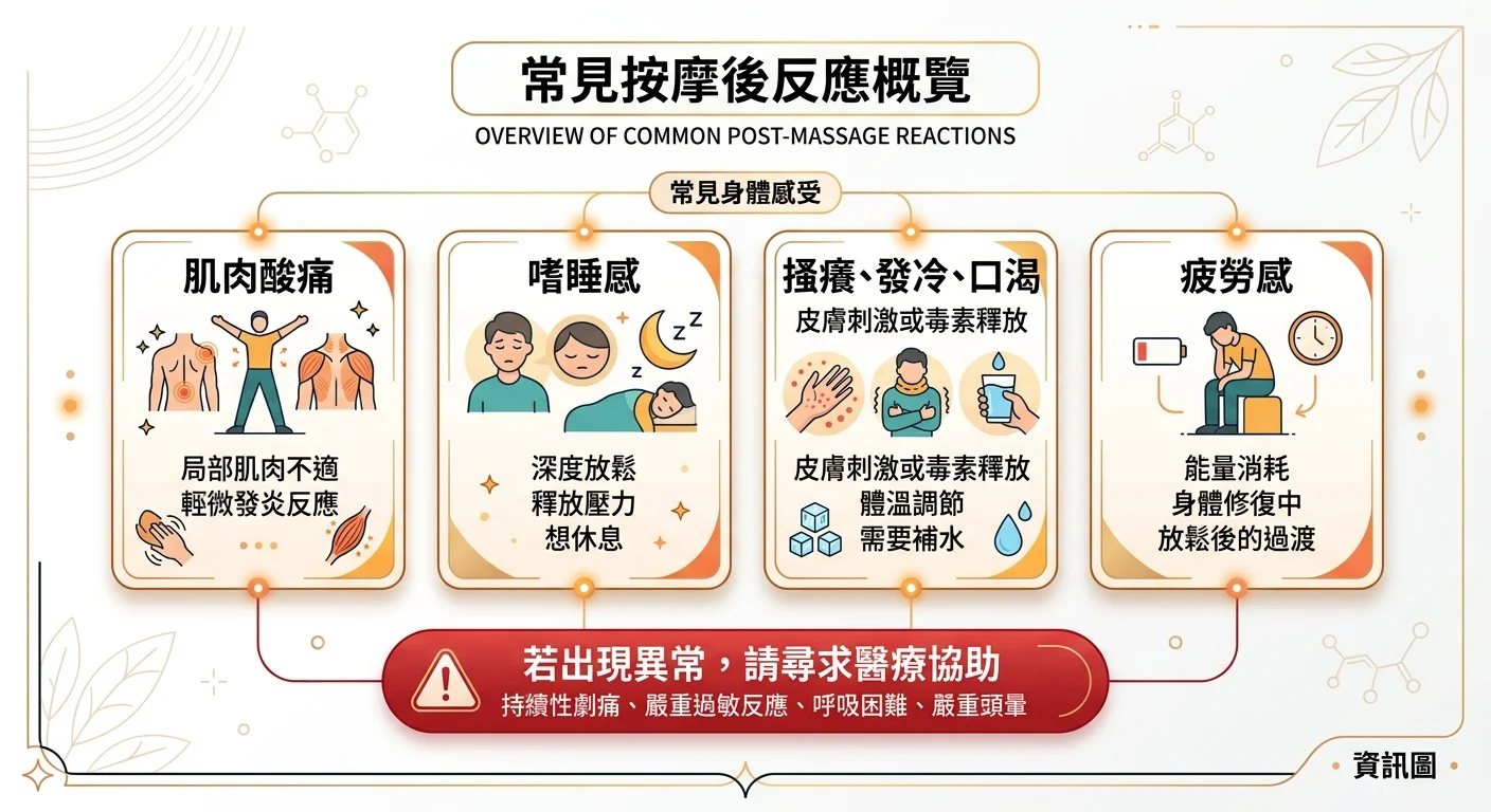 按摩後常見反應總覽圖,痛/酸、想睡、癢/冷/口渴、累五類反應以圖示卡片排列,每張標示「常見生理感受」,下方一條紅色警示帶標示「異常請就醫」,簡約資訊圖風格,溫暖品牌色