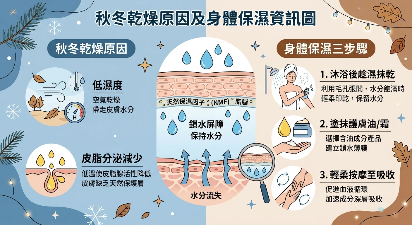 秋冬乾燥成因與身體保濕重點資訊圖,左半說明乾燥成因(濕度下降、皮脂減少圖示),右半呈現保濕三步驟(沐浴後趁濕、塗抹保養油、輕柔按摩),中央以肌膚剖面示意鎖水概念,配色冷藍與暖棕