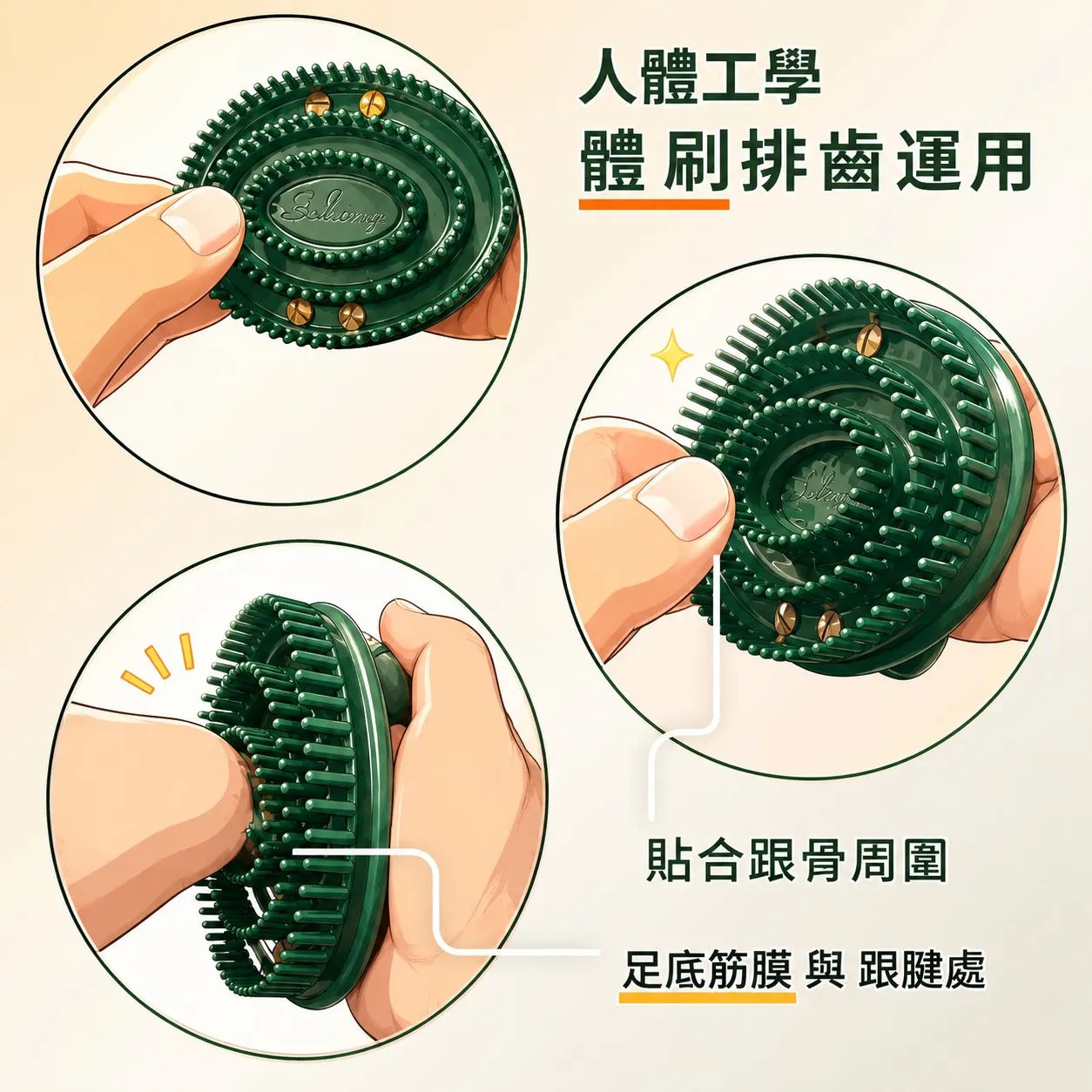 蠍尾按摩體刷-人體工學-136齒設計-使用方式